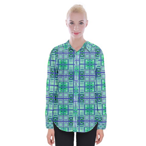 Mod Blue Green Square Pattern Womens Long Sleeve Shirt by BrightVibesDesign