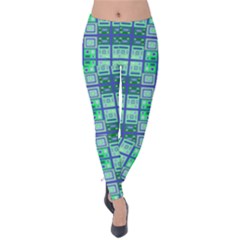 Mod Blue Green Square Pattern Velvet Leggings