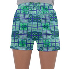 Mod Blue Green Square Pattern Sleepwear Shorts by BrightVibesDesign