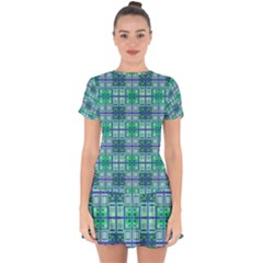 Mod Blue Green Square Pattern Drop Hem Mini Chiffon Dress by BrightVibesDesign