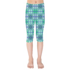 Mod Blue Green Square Pattern Kids  Capri Leggings 