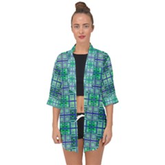 Mod Blue Green Square Pattern Open Front Chiffon Kimono by BrightVibesDesign