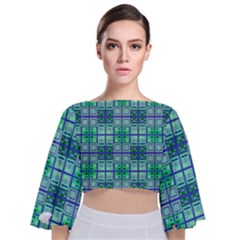 Mod Blue Green Square Pattern Tie Back Butterfly Sleeve Chiffon Top by BrightVibesDesign