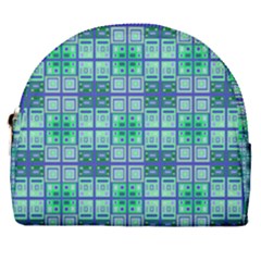 Mod Blue Green Square Pattern Horseshoe Style Canvas Pouch