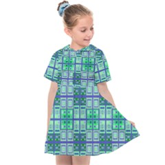 Mod Blue Green Square Pattern Kids  Sailor Dress