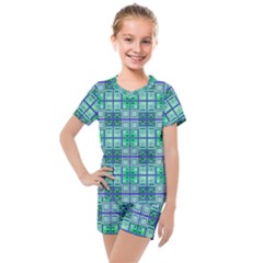 Mod Blue Green Square Pattern Kids  Mesh Tee And Shorts Set