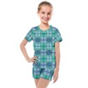 Mod Blue Green Square Pattern Kids  Mesh Tee and Shorts Set View1