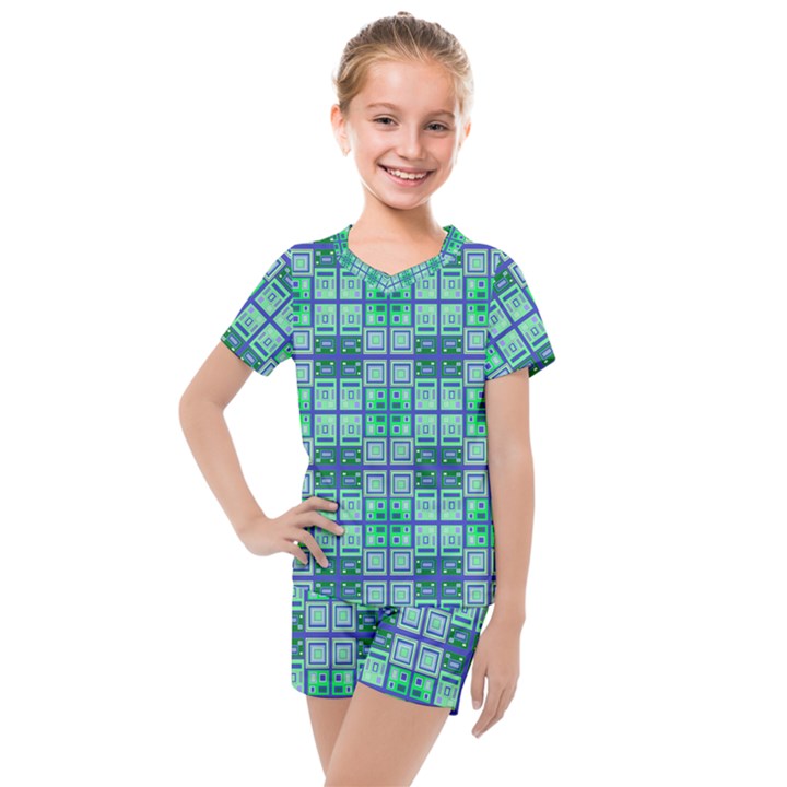 Mod Blue Green Square Pattern Kids  Mesh Tee and Shorts Set