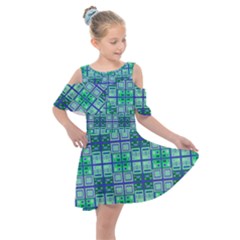 Mod Blue Green Square Pattern Kids  Shoulder Cutout Chiffon Dress by BrightVibesDesign