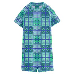 Mod Blue Green Square Pattern Kids  Boyleg Half Suit Swimwear by BrightVibesDesign