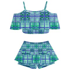 Mod Blue Green Square Pattern Kids  Off Shoulder Skirt Bikini