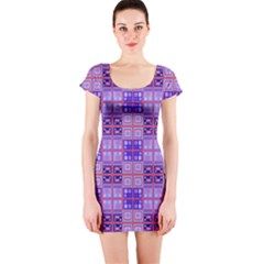 Mod Purple Pink Orange Squares Pattern Short Sleeve Bodycon Dress by BrightVibesDesign