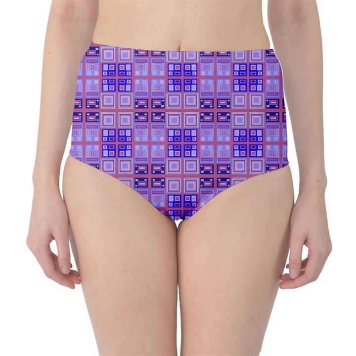 Mod Purple Pink Orange Squares Pattern Classic High-Waist Bikini Bottoms