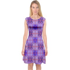 Mod Purple Pink Orange Squares Pattern Capsleeve Midi Dress