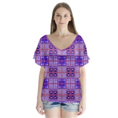 Mod Purple Pink Orange Squares Pattern V-neck Flutter Sleeve Top by BrightVibesDesign