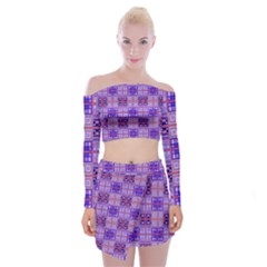 Mod Purple Pink Orange Squares Pattern Off Shoulder Top With Mini Skirt Set by BrightVibesDesign