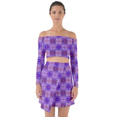 Mod Purple Pink Orange Squares Pattern Off Shoulder Top With Skirt Set by BrightVibesDesign