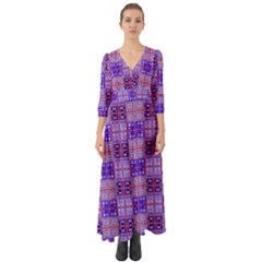 Mod Purple Pink Orange Squares Pattern Button Up Boho Maxi Dress