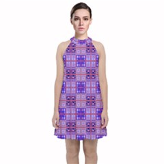 Mod Purple Pink Orange Squares Pattern Velvet Halter Neckline Dress 