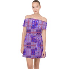 Mod Purple Pink Orange Squares Pattern Off Shoulder Chiffon Dress