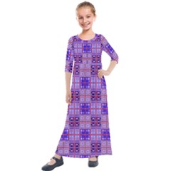 Mod Purple Pink Orange Squares Pattern Kids  Quarter Sleeve Maxi Dress by BrightVibesDesign