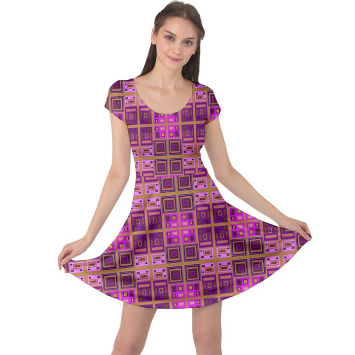 Mod Pink Purple Yellow Square Pattern Cap Sleeve Dress