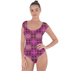 Mod Pink Purple Yellow Square Pattern Short Sleeve Leotard  by BrightVibesDesign