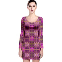 Mod Pink Purple Yellow Square Pattern Long Sleeve Velvet Bodycon Dress