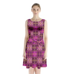 Mod Pink Purple Yellow Square Pattern Sleeveless Waist Tie Chiffon Dress