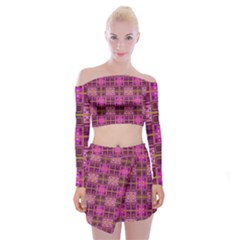 Mod Pink Purple Yellow Square Pattern Off Shoulder Top With Mini Skirt Set by BrightVibesDesign