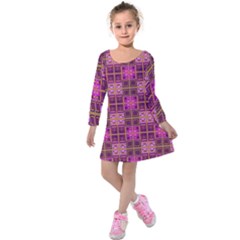 Mod Pink Purple Yellow Square Pattern Kids  Long Sleeve Velvet Dress