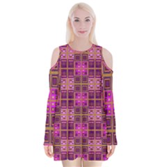 Mod Pink Purple Yellow Square Pattern Velvet Long Sleeve Shoulder Cutout Dress