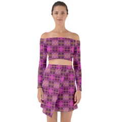 Mod Pink Purple Yellow Square Pattern Off Shoulder Top With Skirt Set by BrightVibesDesign