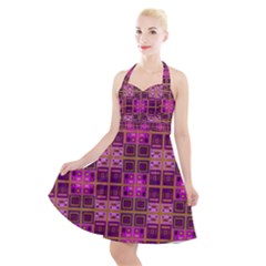 Mod Pink Purple Yellow Square Pattern Halter Party Swing Dress 