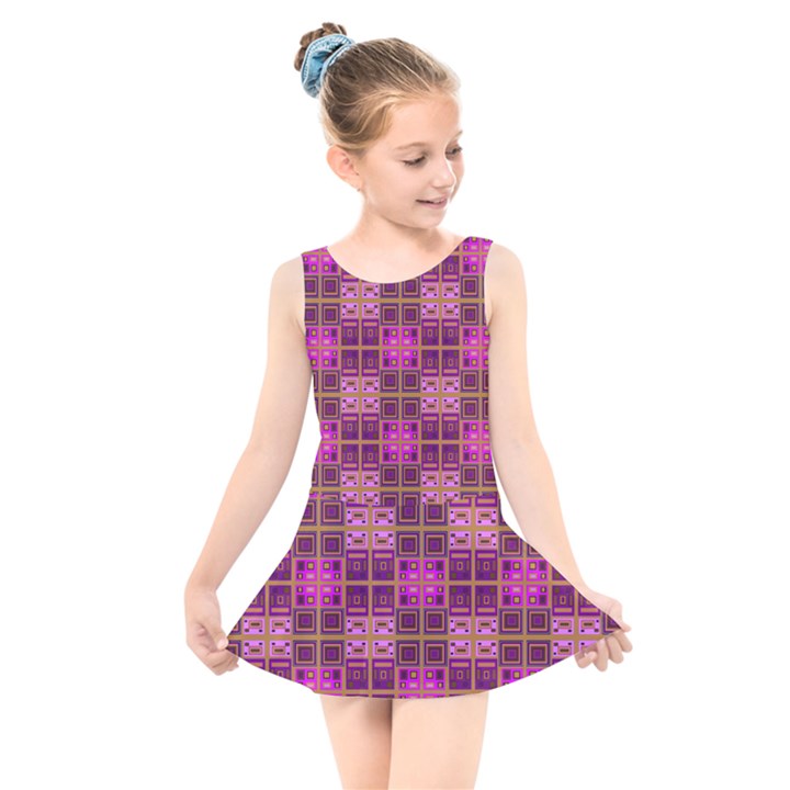 Mod Pink Purple Yellow Square Pattern Kids  Skater Dress Swimsuit