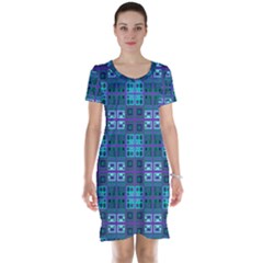 Mod Purple Green Turquoise Square Pattern Short Sleeve Nightdress