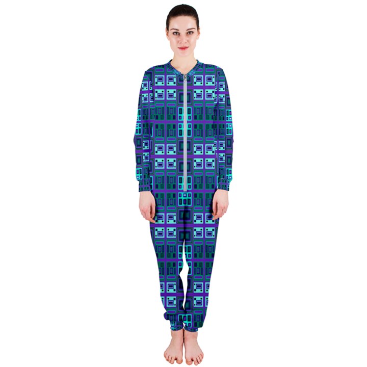 Mod Purple Green Turquoise Square Pattern OnePiece Jumpsuit (Ladies) 