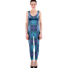 Mod Purple Green Turquoise Square Pattern One Piece Catsuit