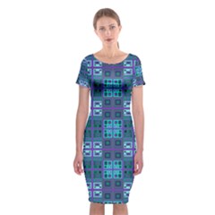 Mod Purple Green Turquoise Square Pattern Classic Short Sleeve Midi Dress