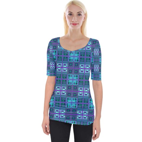 Mod Purple Green Turquoise Square Pattern Wide Neckline Tee by BrightVibesDesign