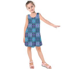 Mod Purple Green Turquoise Square Pattern Kids  Sleeveless Dress