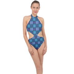 Mod Purple Green Turquoise Square Pattern Halter Side Cut Swimsuit