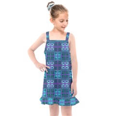 Mod Purple Green Turquoise Square Pattern Kids  Overall Dress by BrightVibesDesign