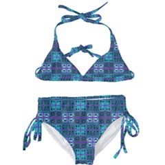 Mod Purple Green Turquoise Square Pattern Kids  Classic Bikini Set