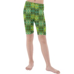 Mod Yellow Green Squares Pattern Kids  Mid Length Swim Shorts