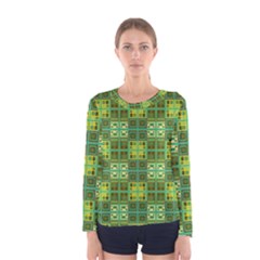 Mod Yellow Green Squares Pattern Women s Long Sleeve Tee