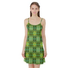 Mod Yellow Green Squares Pattern Satin Night Slip