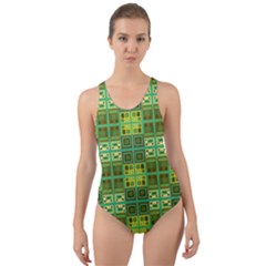 Mod Yellow Green Squares Pattern Cut-out Back One Piece Swimsuit by BrightVibesDesign