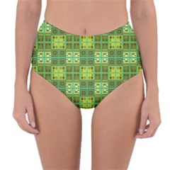 Mod Yellow Green Squares Pattern Reversible High-waist Bikini Bottoms