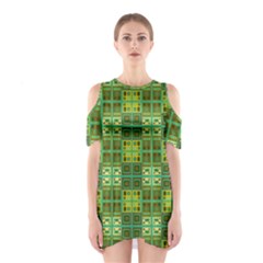 Mod Yellow Green Squares Pattern Shoulder Cutout One Piece Dress